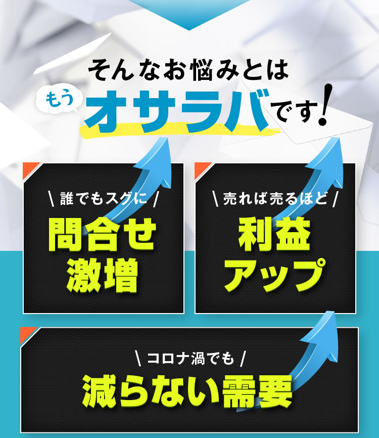 そんなお悩みとはもうオサラバです！問合せ激増・利益アップ・減らない需要